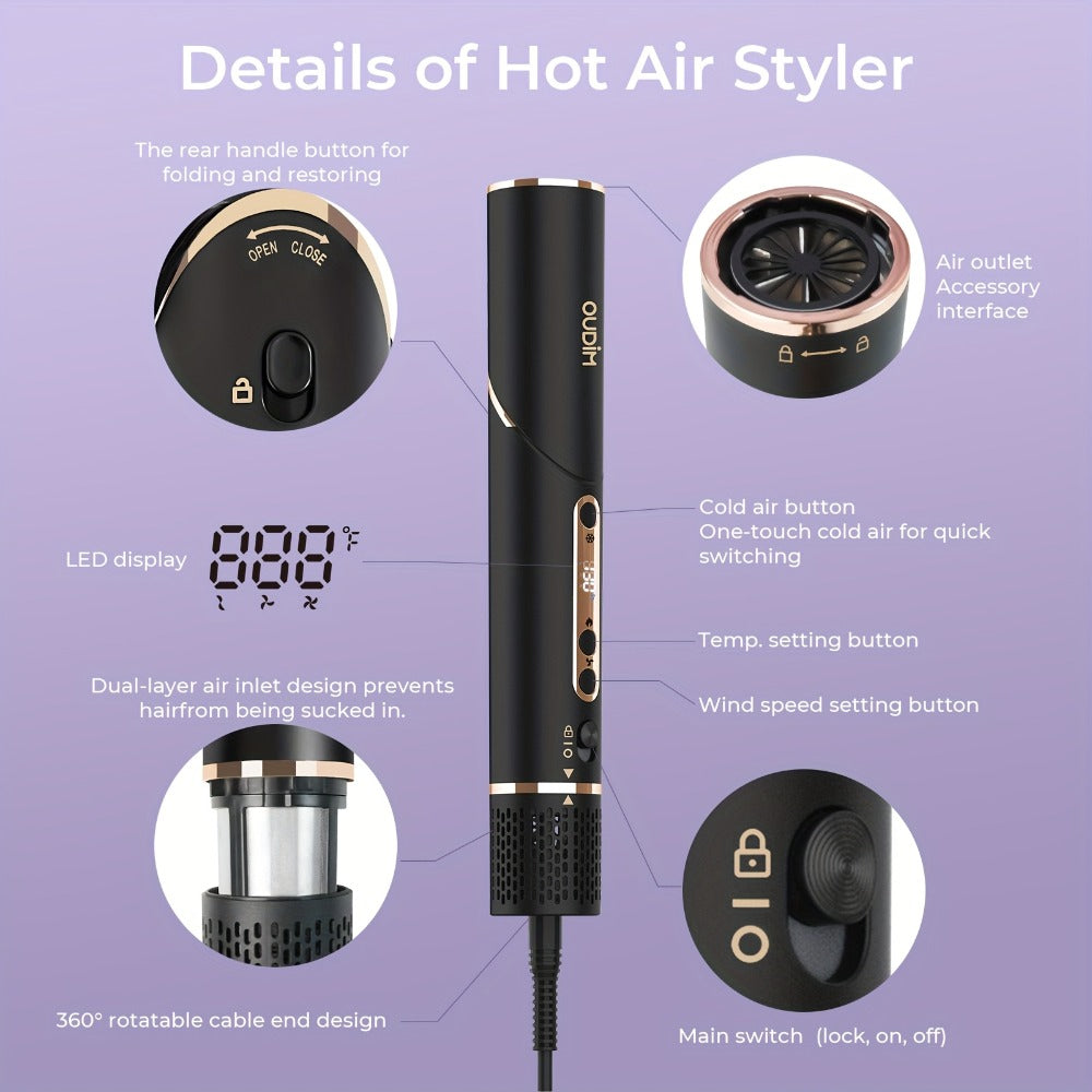 6-IN-1 Multi-Functional Hot Air Comb, Negative Ion Hair Dryer Brush And Styler, 110, 000 RPM High-speed, Frizz-free Hot Air for Rapid Drying, Air Styling Comb, Curling Iron, Straightener, Auto-winding Curling Rod, Foldable Handle, with A Storage Bag