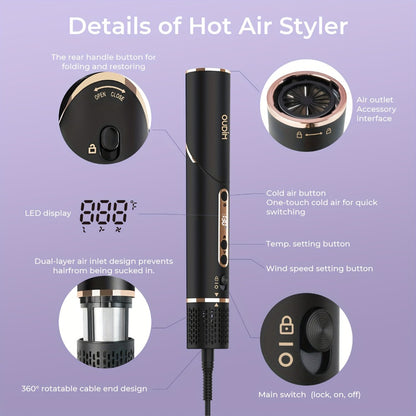 Hot Air Brush 6-in-1 Negative Ion Hair Dryer Bru1sh & Styler — 110,000 RPM High-Speed Blow Dryer Brush with Curling Iron, Straightener, Auto-Winding Curler & Foldable Handle