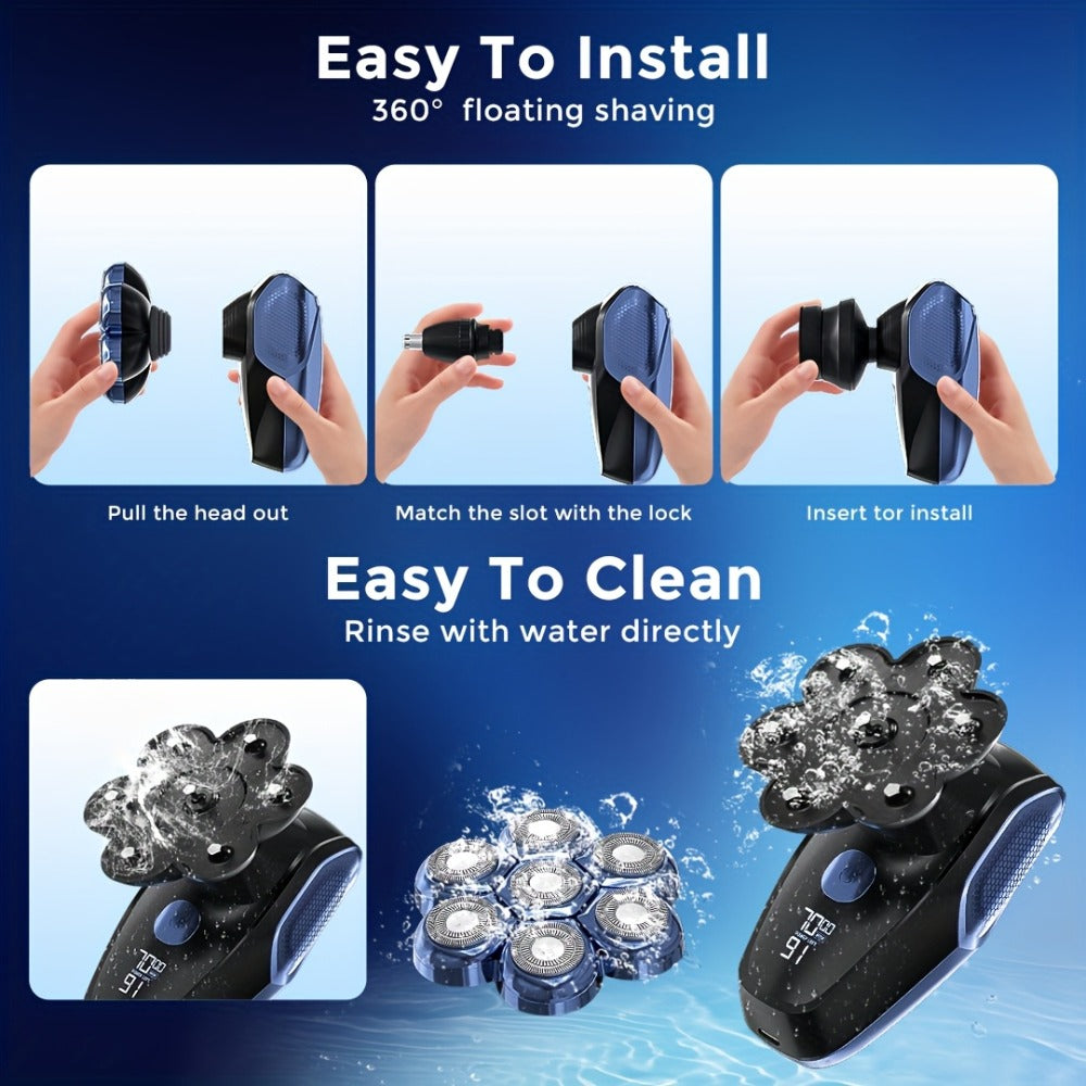 Head Shaver for Bald Men 7D Waterproof Wet Dry Electric Razor 5-in-1 Grooming Kit Type-C Rechargeable 6500-7500RPM Rotary Shaver with Nose Hair Trimmer