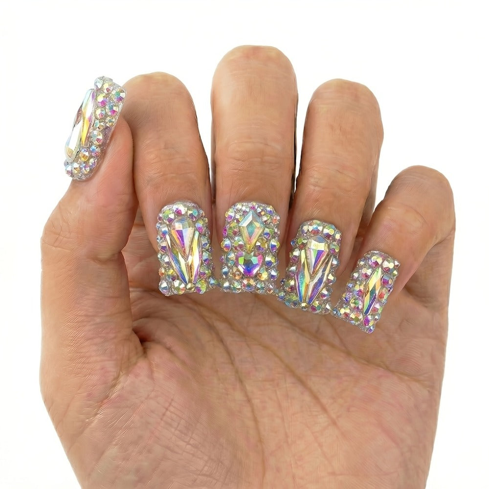 10pcs Lonnailssy Luxury Handmade Press-On Nails - Short Duckbill Shape with Sparkling AB Crystal & Colorful Diamond Accents, Salon-Quality, Reusable, Protected - Perfect for a Glamorous Look