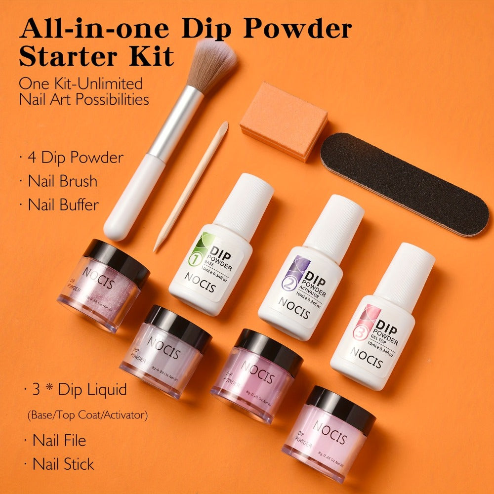 NOCIS Dip Powder Nail Kit Starter, 4 Colors Nude Pinkish Glitters Acrylic Dipping Powder System Liquid Set with Base/Top Coat Activator for French Nail Art Manicure Salon All-in-One Beginner Extension Kit