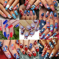 216pcs 4th of July Press On Nails - Red White Blue Stars Stripes Medium Coffin Acrylic Fake Nails, Full Cover Glossy Finish for Women, Patriotic Manicure Nail Art (9pcs), Festive Nail Designs, Festive Patterns, Striking Design Variety