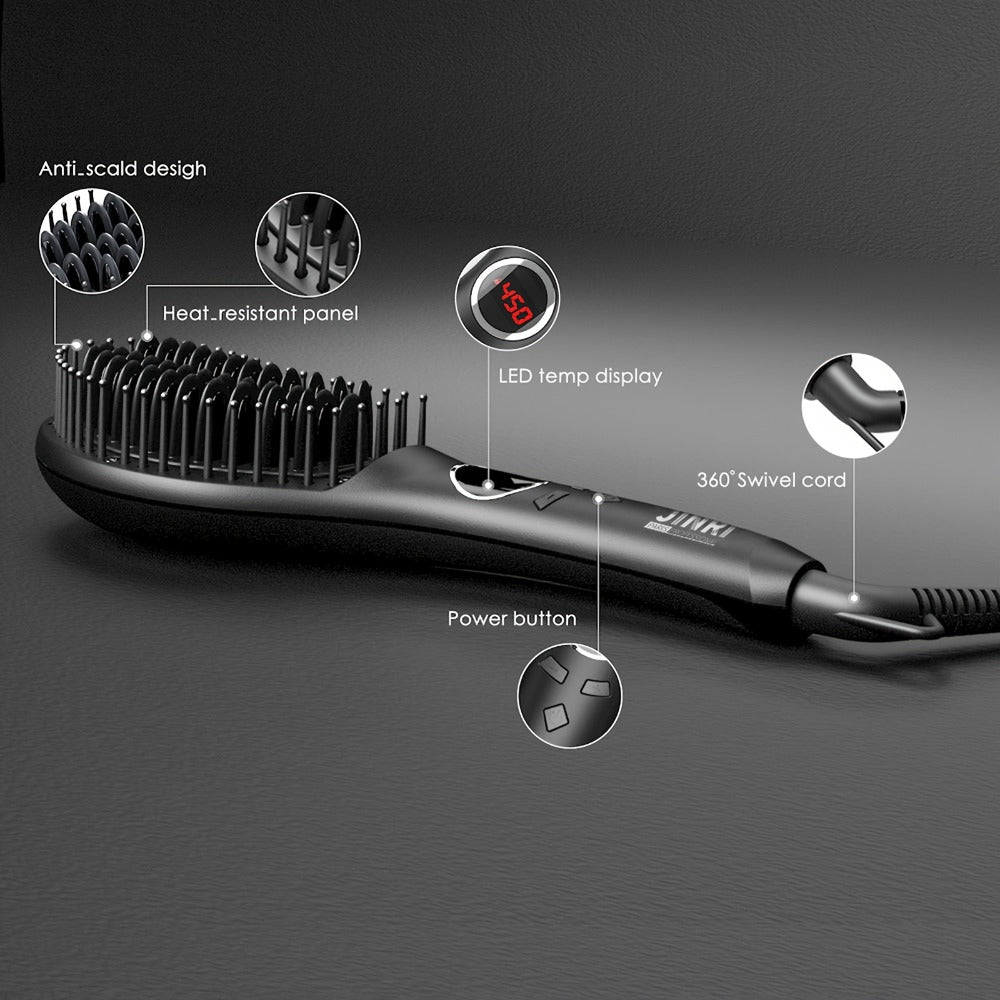 Ceramic Hair Straightener Brush 30 Sec Fast Heat Anti-Scald Straightening Comb with Soft Touch Body for Home Travel Salon Use Women Gift Black