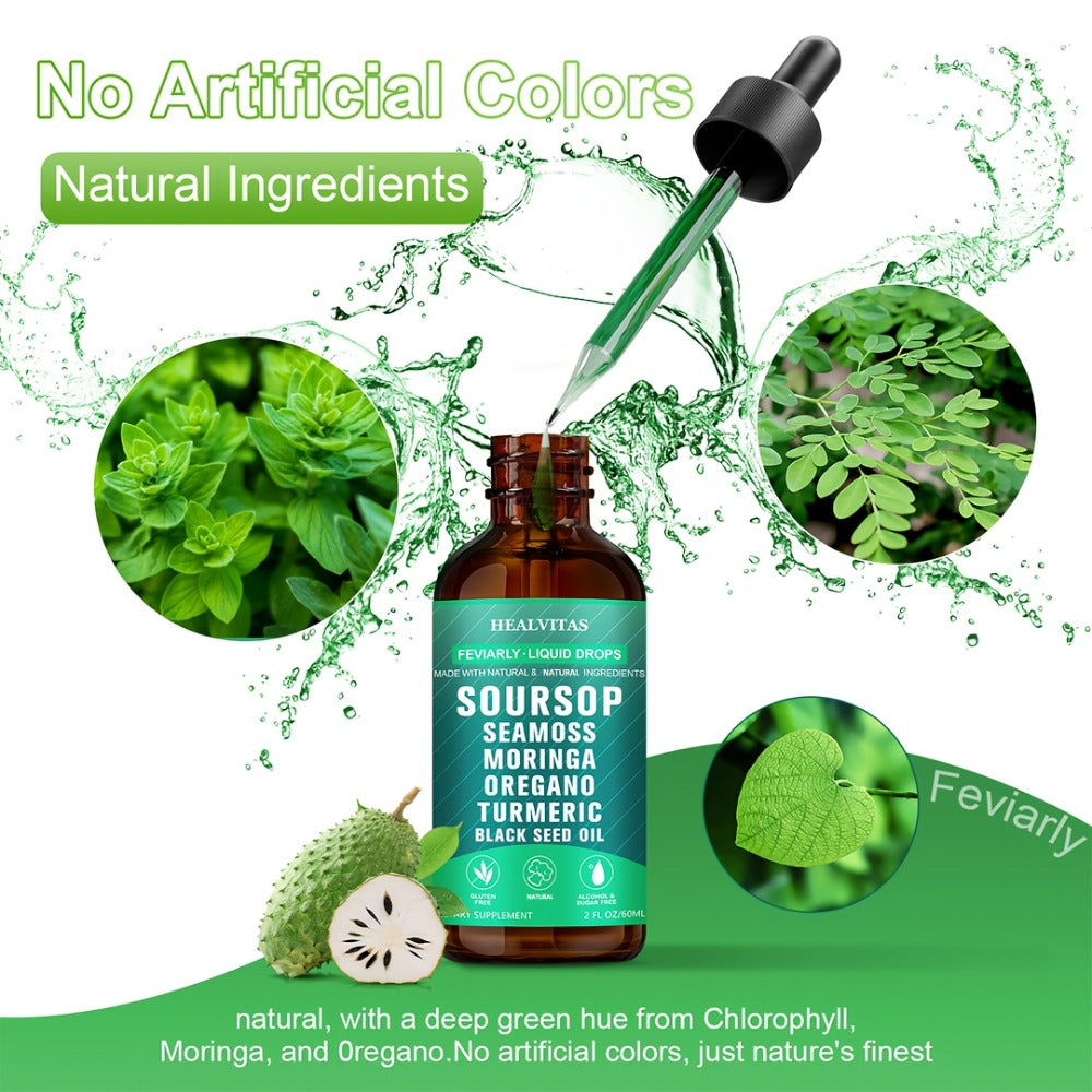 Soursop Liquid Drops | Soursop Bitters Liquid Drops 10in 1 with Sea Moss, Moringa, Turmeric, Black Seed Oil, Oregano, Ashwagandha | Herbal Extracts for Overall Health Supports