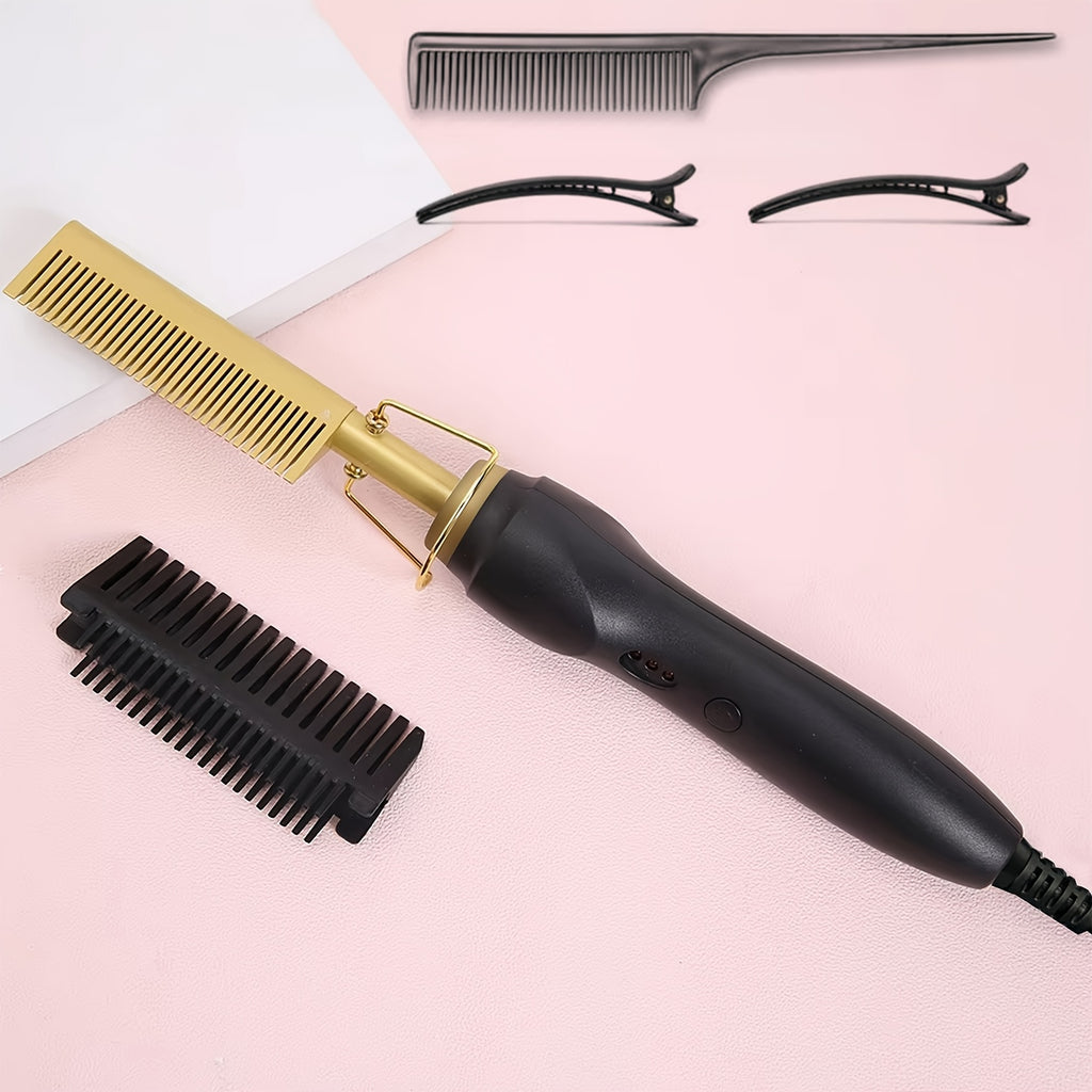 Hot Comb Hair Straightener, 2in 1 Ceramic Comb Safe Portable Curling Iron Heated Brush, Fake Electricity Heated Comb, Beard, Portable Anti-burn Curling Ceramic Straightening Pressing Comb, Suitable for Home and Travel, Holiday Gift