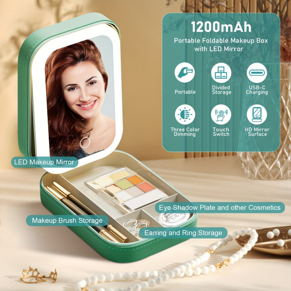 1200mAh Lighted Makeup Mirror, Portable Makeup Mirror For Girl Travel, Makeup Train Case Cosmetic Bag Organizer With Mirror And Lights, Make Up Bag With Light Up Mirror, Makeup Mirror, Wedding Season Traveling Mirror, Mothers Day Gifts