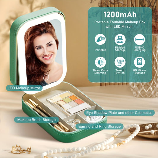 Travel Makeup Case with LED Mirror Cosmetic Bag Organizer - Portable Lighted Makeup Mirror 1200mAh Rechargeable USB Makeup Train Case for Women Girls Gift