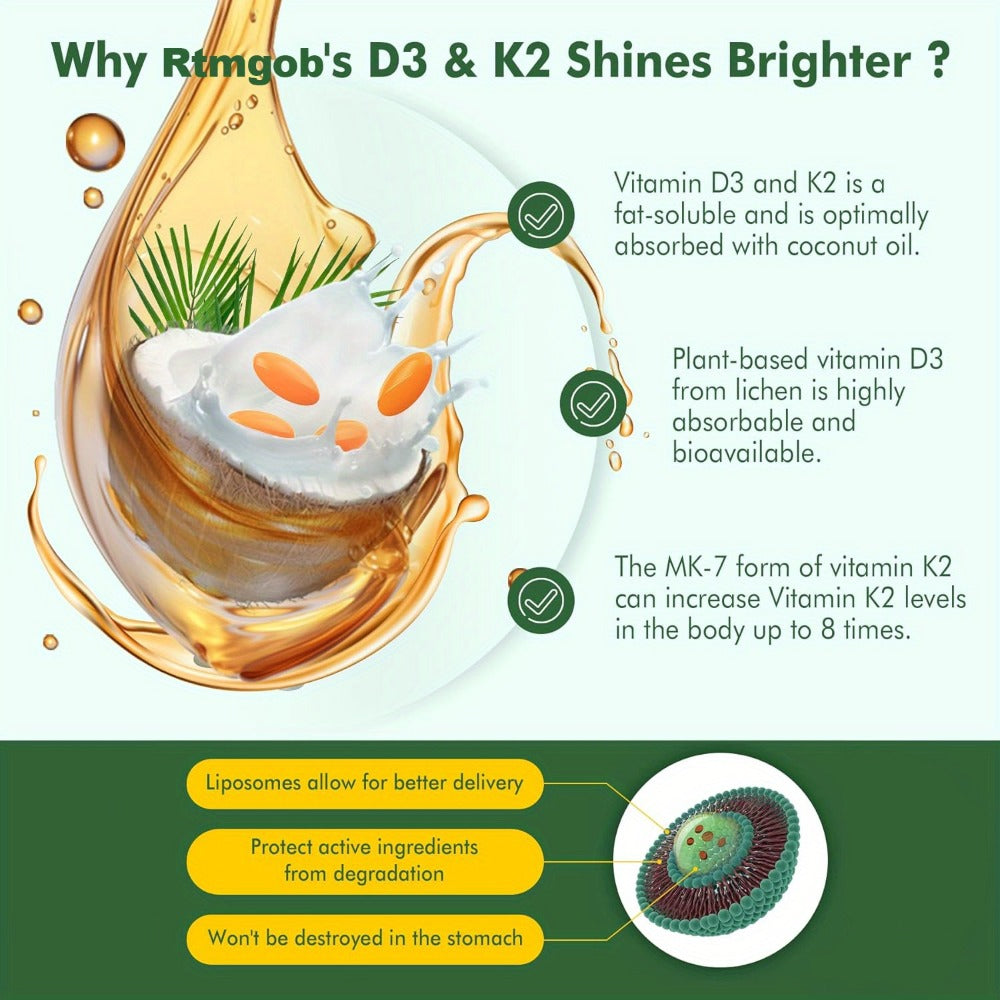 Vitamin K2 D3 Supplement, 10, 000 IU Vitamin D3 + 200 mcg Vitamin K2 MK7, Supports Bone, Immune Health, and Overall Vitality, 300 Softgels with Extra Virgin Coconut Oil