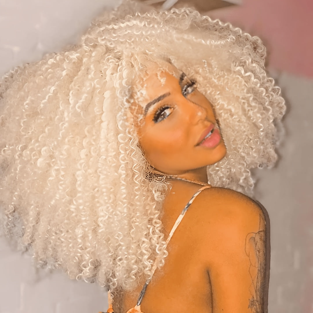 Afro Kinky Curly Wig with Bangs 18 Inch — Glueless Long Synthetic Heat Resistant Hair, Machine Made Natural Afro Bomb Curl Wig in Ombre Blonde Brown Red Black for Women