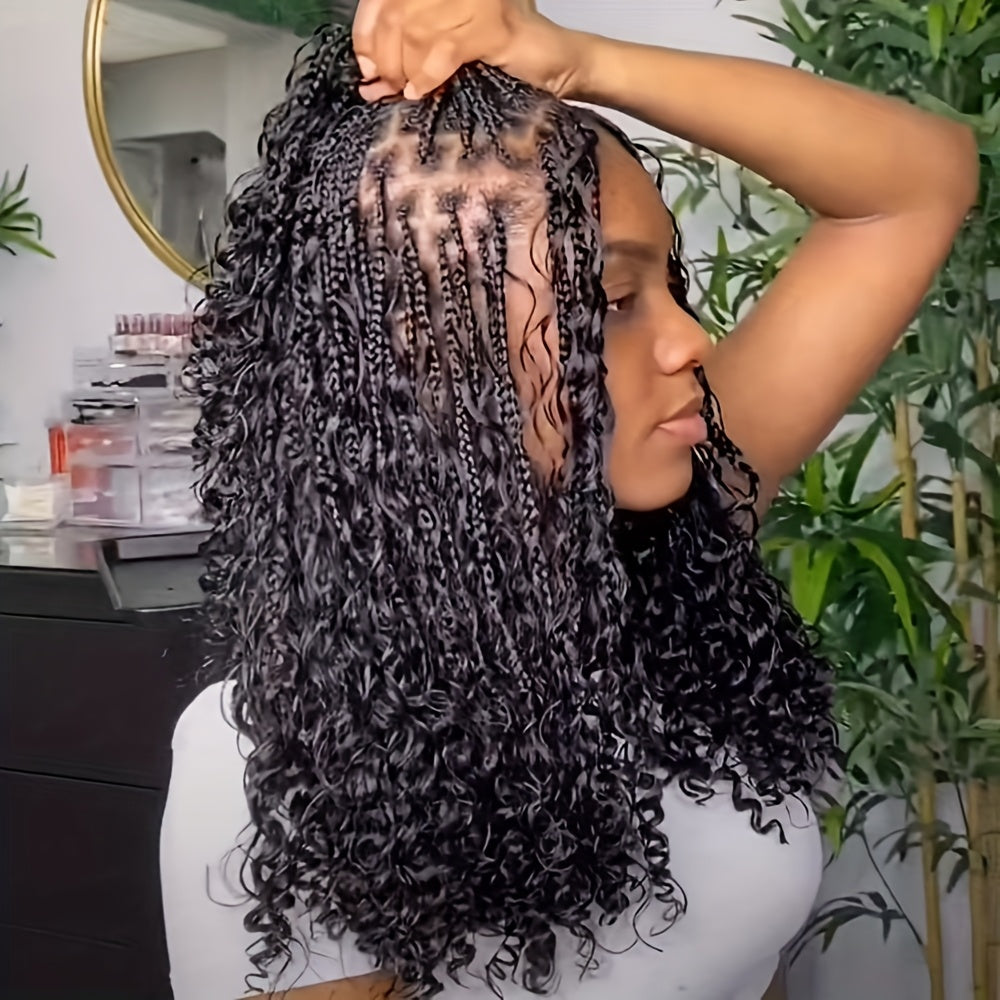 14-16inch Bohemian Style Square Woven Wig - Knotless Goddess Braided Wig with Curly Full Lace Square Synthetic Braid Wig Featuring, Suitable for Women, Natural Black Braided Lace Front Wig.