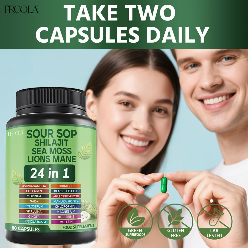 Soursop Capsules 24-in-1 Natural Supplement with Sea Moss Shilajit Lion's Mane Vitamin D3 Black Seed Oil Turmeric & Chlorophyll – Immune & Liver Health | Gluten-Free Daily Wellness Formula