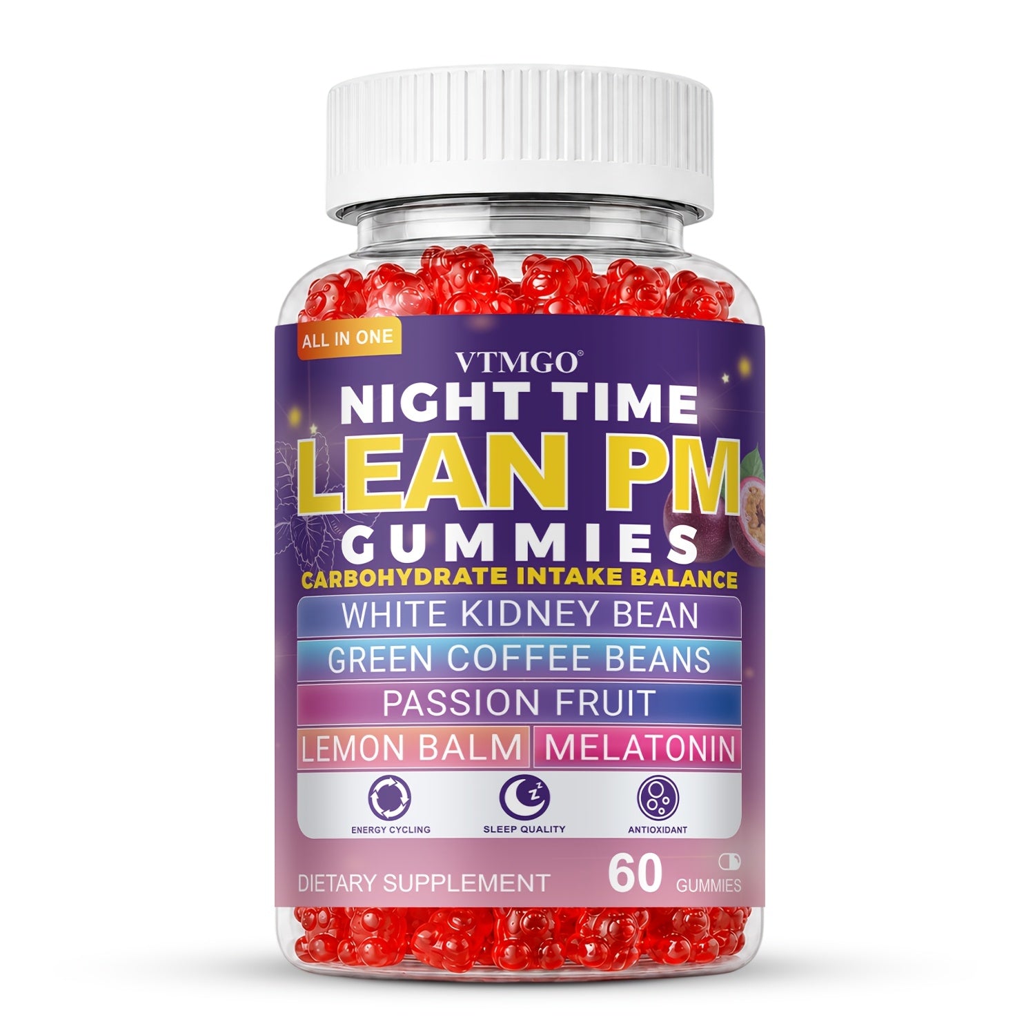 NIGHT TIME LEAN PM GUMMIES: White Kidney Beans, Green Coffee, Lemon Balm, Melatonin, Passionflower - Nature's Source Of Quiet Balance. Night Quietly Becomes The Starting Point for Health, Balance And Change.(60).(1/4/5 Bottles).Family & Holiday Gifts