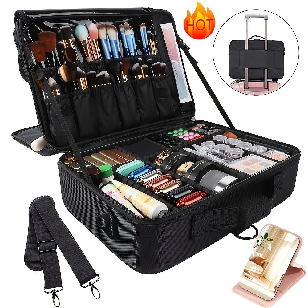 Makeup Case, Professional Train Case Large Makeup Bag, Travel Cosmetic Organizer Brush Holder Makeup Artist Storage Box, for Cosmetics Makeup Brushes Toiletry Jewelry Digital Accessories, 15.8 Inches, with Adjustable Dividers and Shoulder Strap