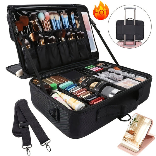 Makeup Case, Professional Train Case Large Makeup Bag, Travel Cosmetic Organizer Brush Holder Makeup Artist Storage Box, for Cosmetics Makeup Brushes Toiletry Jewelry Digital Accessories, 15.8 Inches, with Adjustable Dividers and Shoulder Strap