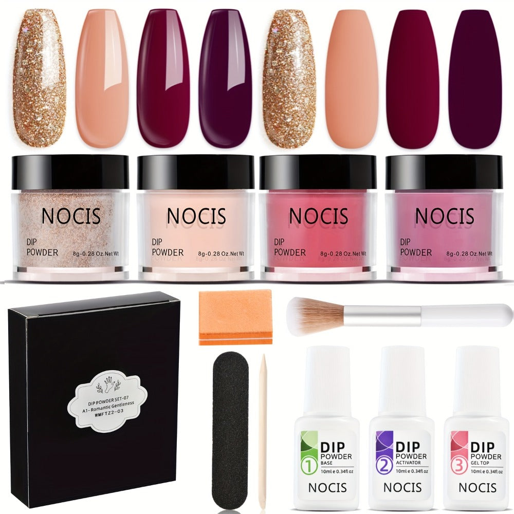 NOCIS 11pcs Dip Powder Nail Kit: Classic Brown Nude Collection, Glitter, Neutral Skin Tone, No-Odor, Beginner Friendly, French Nail Art Manicure Gift Set