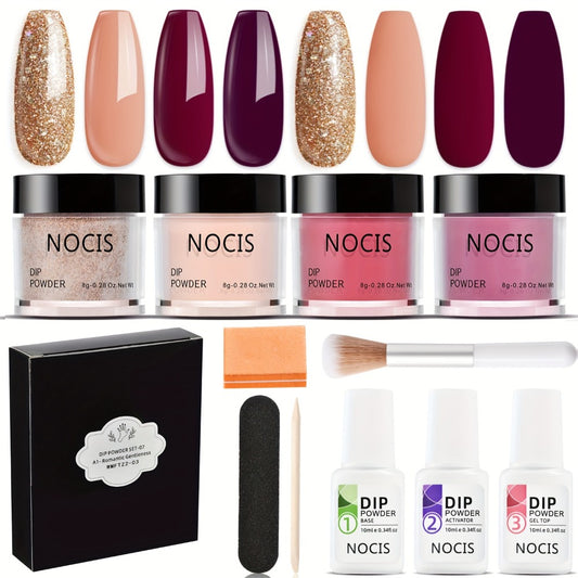 NOCIS 11pcs Dip Powder Nail Kit: Classic Brown Nude Collection, Glitter, Neutral Skin Tone, No-Odor, Beginner Friendly, French Nail Art Manicure Gift Set