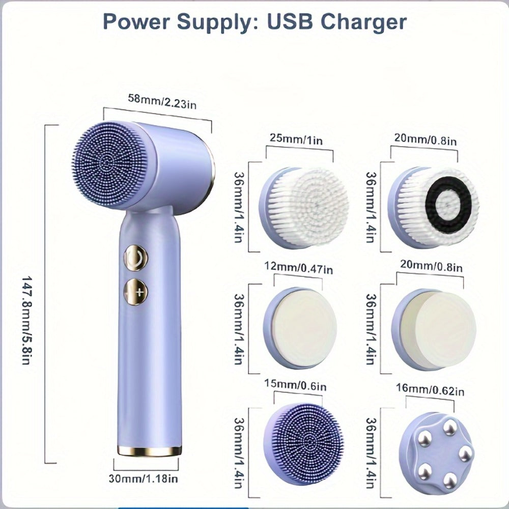 6-In-1 Facial Cleansing Brush, USB Rechargeable Face Scrub Brush for Cleansing, Removing, Exfoliating And Massaging, Gifts for Women, Mother'S Day Gift