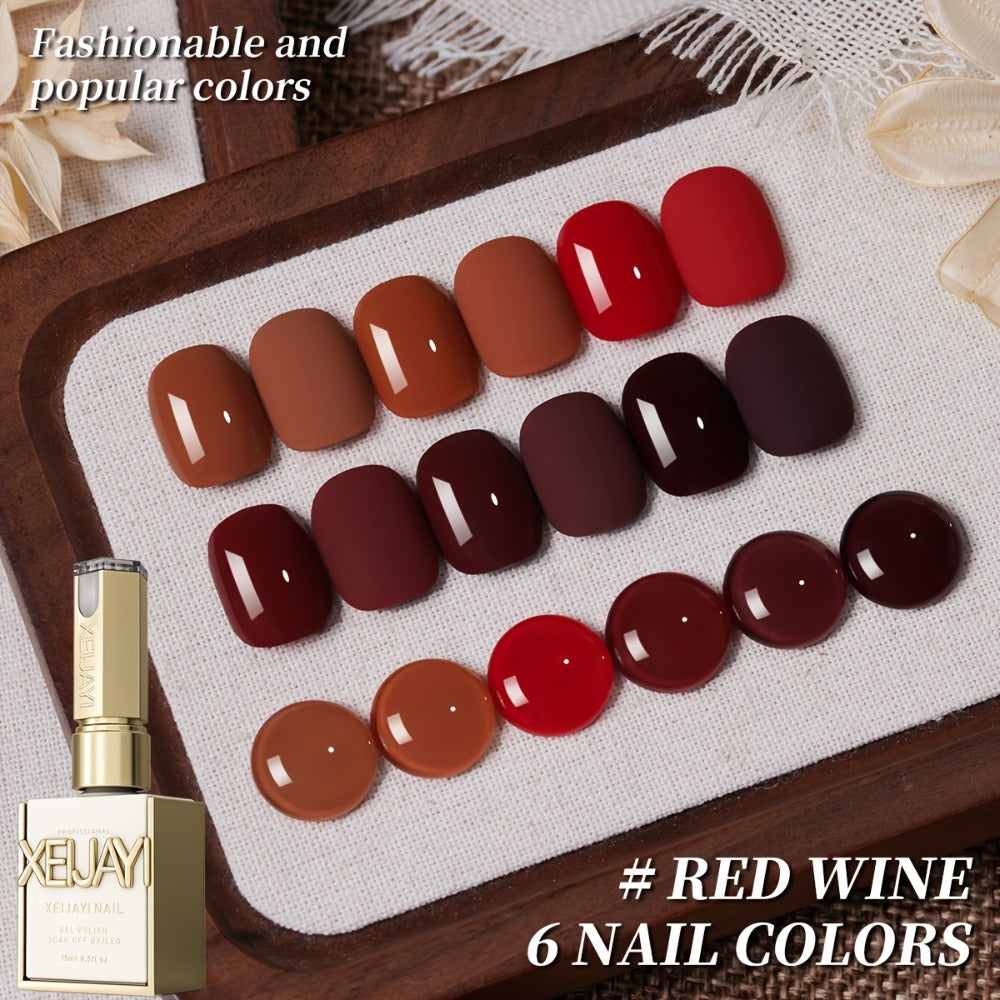 Spring Nail Trends 2025 Bright Nail 6pcs Set 0.51oz New Popular Red Wine Nail Gel Semi Permanent Nail Art Soaking LED Nail Salon DIY Nail Salon Gel