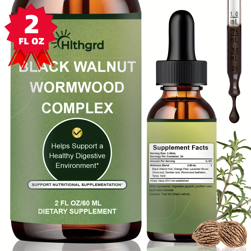 HIthgrd Wormwood Black Walnut Clove Complex Liquid Extract Liquid Drops for Improve Digestive, Gut Support Cleansing Orange Flavor 2fl.oz Suitable for Women Men Black Walnut Wormwood Clove Herbal Supplement