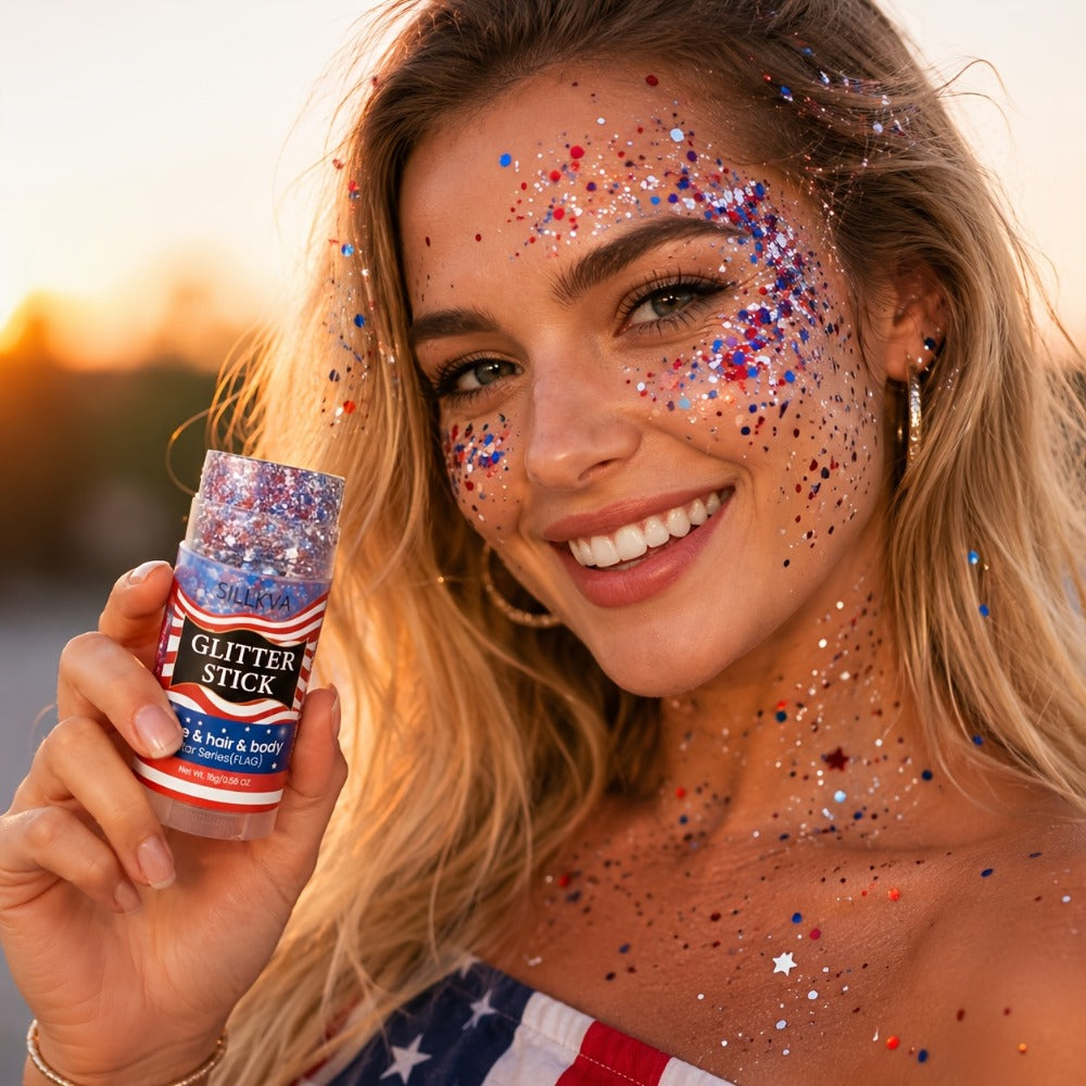 Glitter Makeup Stick Red & Blue Multi-Use Glitter Gel for Face Hair & Body - American Flag Theme for July 4th Independence Day Sports & Stage Makeup
