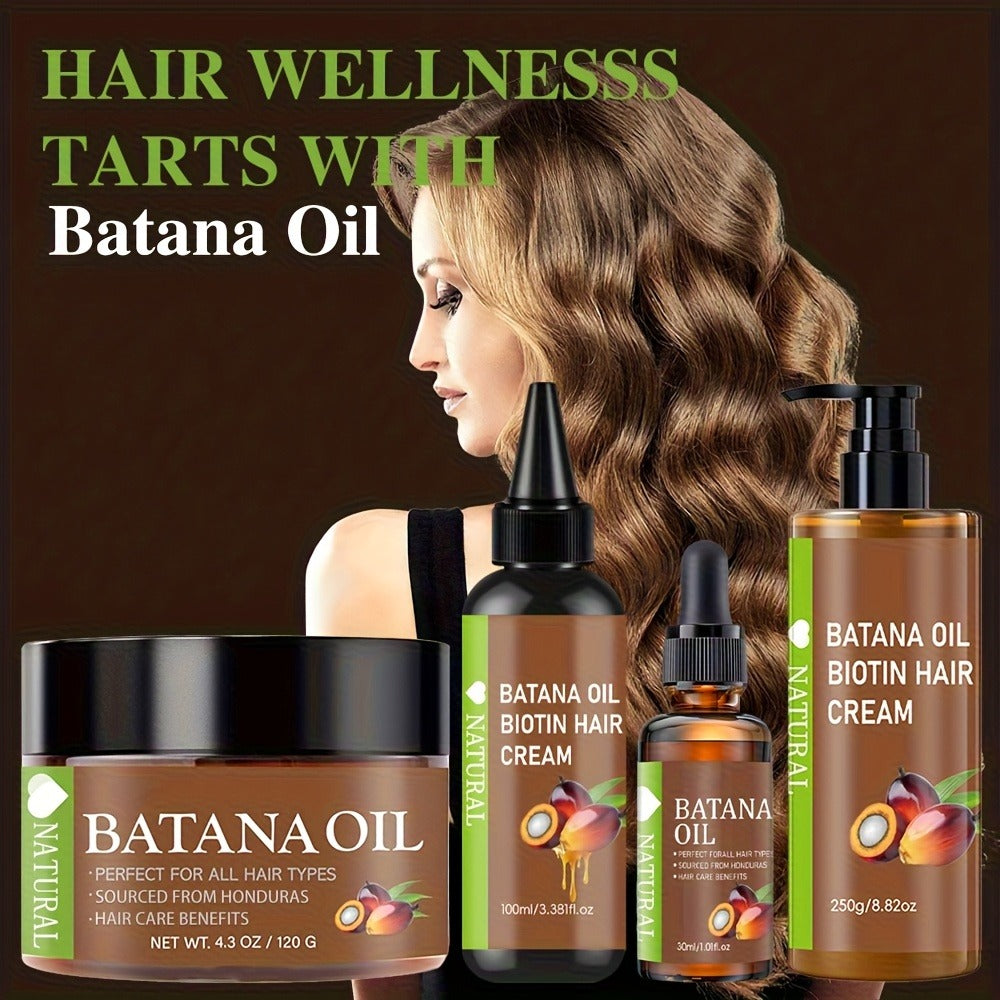 Batana Hair Oil 4-Piece Set – Honduran Cold-Pressed Oil, Hair Cream & Milk with Biotin for Scalp Care, Hair Growth & Breakage Prevention, All Hair Types