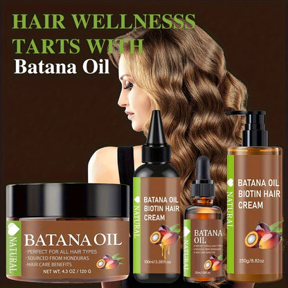 Batana Hair Oil 4-Piece Set – Honduran Cold-Pressed Oil, Hair Cream & Milk with Biotin for Scalp Care, Hair Growth & Breakage Prevention, All Hair Types
