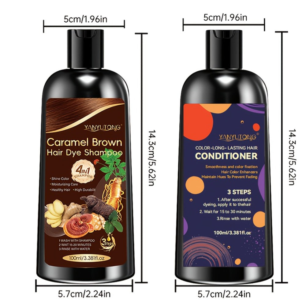 Hair Dye Shampoo and Conditioner Set — 4-in-1 Long-Lasting Hair Color with Ginger & Herbal Extracts, Gentle Gray Hair Coverage, Moisturizing Formula for All Hair Types, 3 Shades