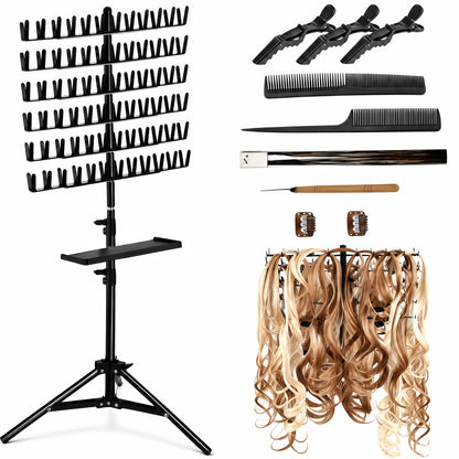Braiding Hair Rack 144 Pegs — Height Adjustable 2-Side Hair Extension Holder Stand with Tray, Foldable Portable Professional Braiding Station for Salon Home Travel