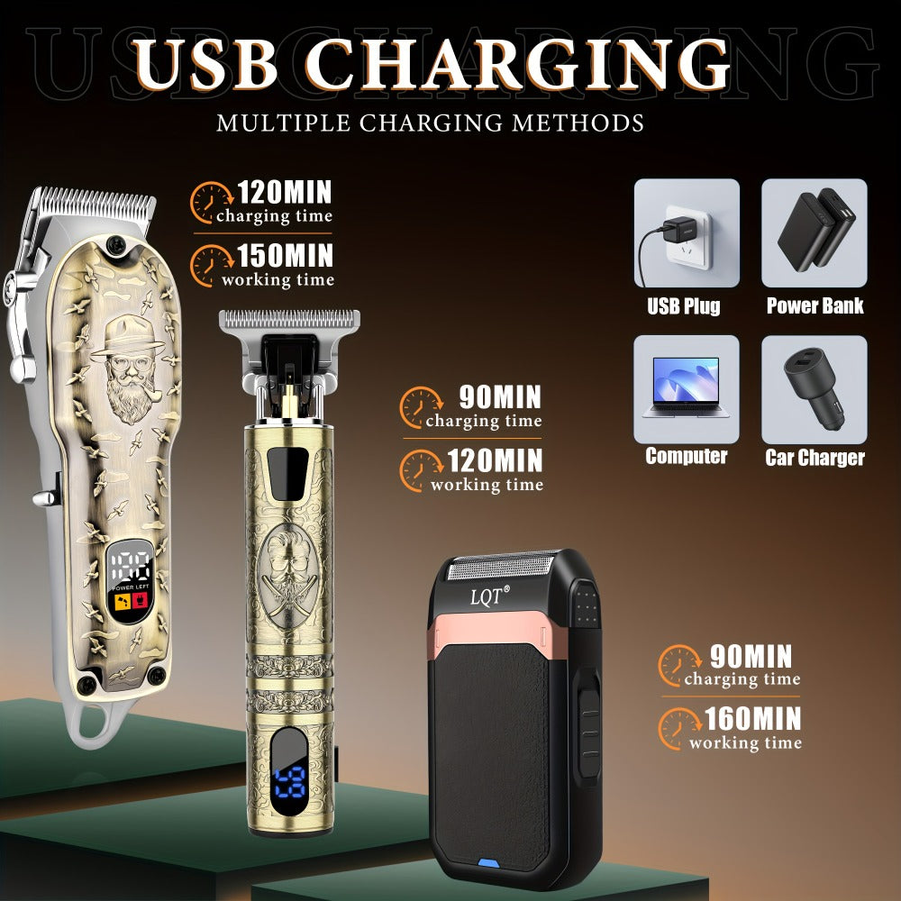 Electric Hair Clipper Set for Men LQT USB Charging 2000mAh with Engraving Scissors Metal Digital Display - 2 or 3 Piece Barber Kit for Home & Salon Bronze Gift