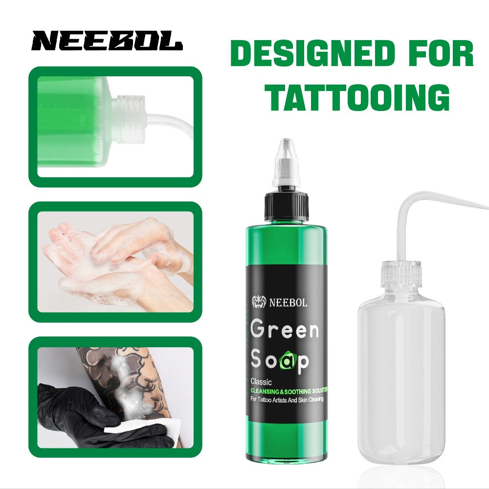 Neebol Green Soap Tattoo Cleaning Solution for Skin Prep Before And After Tattooing, Tattoo Supplies, Tattoo Kit, 8.5oz Tattoo Soap with Squeeze Bottle, Moisturizing Tattoo Balm Cream for Vibrant Color, Tattoo Wipes Cleasing Cloth, Easter Gifts