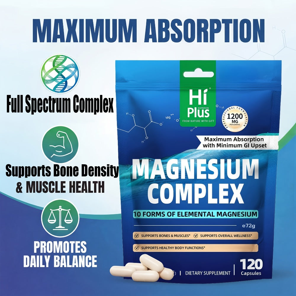 10-in-1 Magnesium Glycinate Complex (1200mg) - Full Spectrum High Absorption Blend - Supports Deep Sleep, Calm - Heart, Bone & Nerve Health - Gentle On Stomach - Vegan Supplement (120 Caps) By HiPlus