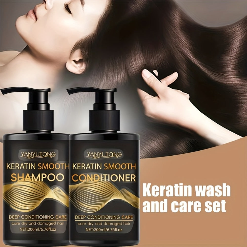 Keratin Shampoo & Conditioner Hair Care Set Moisturizes Scalp Repairs Breakage Splits for Color-Treated Heat Damaged Hair All Hair Types 200ml Each