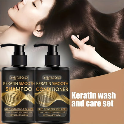 Keratin Shampoo & Conditioner Hair Care Set Moisturizes Scalp Repairs Breakage Splits for Color-Treated Heat Damaged Hair All Hair Types 200ml Each