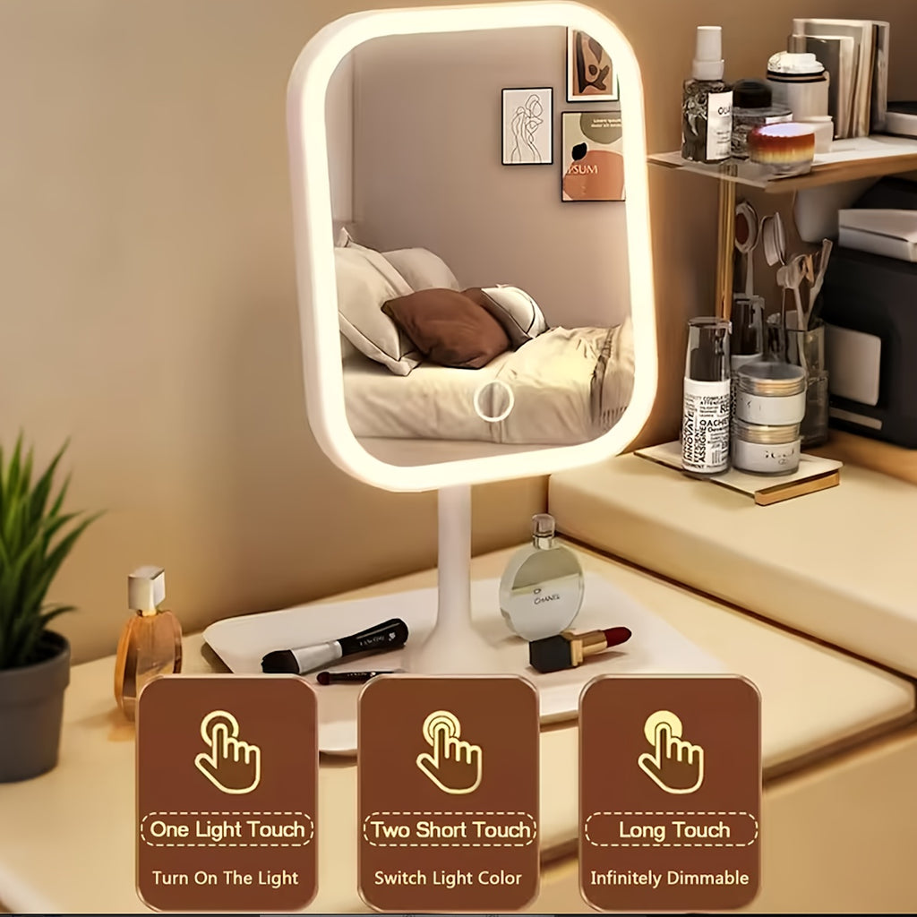 Illuminated Makeup Mirror Features Three Lighting Modes, Touch Control Operation, A Portable Stand, And A Foldable Design, Making It Ideal for Travel. It Comes with A Rechargeable Battery And Is A Compact LED Makeup Mirror.Free 10x Magnifying Glass
