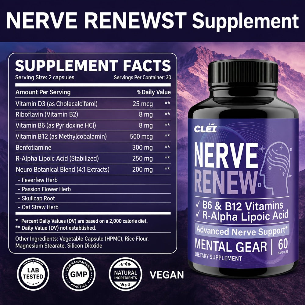 NERVE RENEW CAPSULES. Healthy, Natural. Vitamin B Complex, R-Alpha Lipoic Acid, Sports Health, Neuro Botanical Blend, Antioxidant. Enioy A Healthy Lifestyle And Travel. For Office Workers - 60 Caps