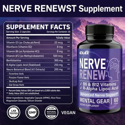 Nerve Renew Capsules with Vitamin B Complex & R-Alpha Lipoic Acid – Neuro Botanical Antioxidant Blend for Nerve Health, Energy & Active Lifestyle | Daily Supplement for Women & Men | 60 Capsules
