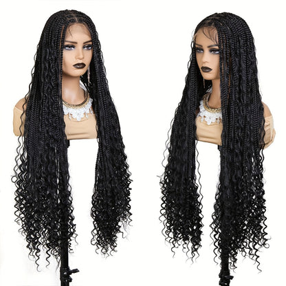 Box Braids Wig for Women Full Lace — 48 Inch Bohemian Braided Wig with Boho Curls, Black Lace Front Braid Wig for Halloween Cosplay Festival Party Protective Style
