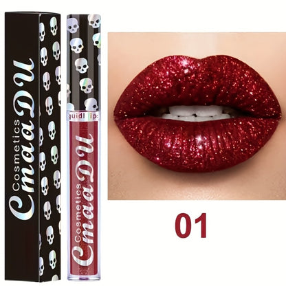 Shimmer Lip Gloss Set 3pcs Skull Design Long Lasting Liquid Lipstick Easy to Remove - Shiny Glitter Lip Color for Music Festival Rave Party Gift for Women