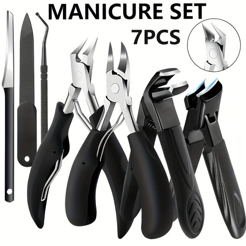 Toenail Clipper Set 7pcs Heavy Duty for Seniors - Angled Curved Stainless Steel Blades Splash Guard Long Handle Nail File Pedicure Tool Kit