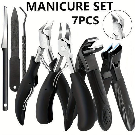 7pcs Heavy-Duty Toenail Clipper Set for Seniors - Angled and Curved Blades, Splash Guard, Long Handle, Includes Nail File, Professional Pedicure Tool Kit, Nail Clippers