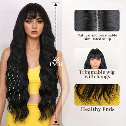 Long Body Wave Wig with Bangs Synthetic Black 28 Inch Heat Resistant Buckle Net Cap Natural Look Women Daily Wear Holiday Party Elegant