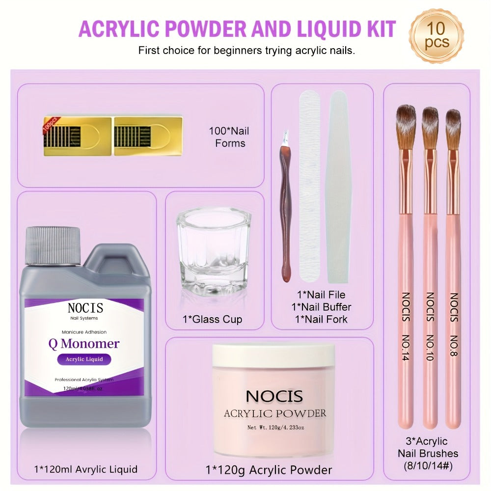 120G Professional Acrylic Nail Kit by NOCIS - Complete Starter Set, Pink Acrylic Powder, Monomer Liquid, Nail Brush, Nail Forms, for Nail Extension And Salon Use - Beginner Friendly, Easy to Use, Long-Lasting, And Salon-Quality Results