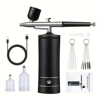 Airbrush Kit USB Rechargeable Portable Compressor 23-27PSI 0.3mm Nozzle - 2-Speed Pump with Airbrush 2 Paint Pots & Brush - for Makeup Cake Decorating Crafts Tattoos Nail Art