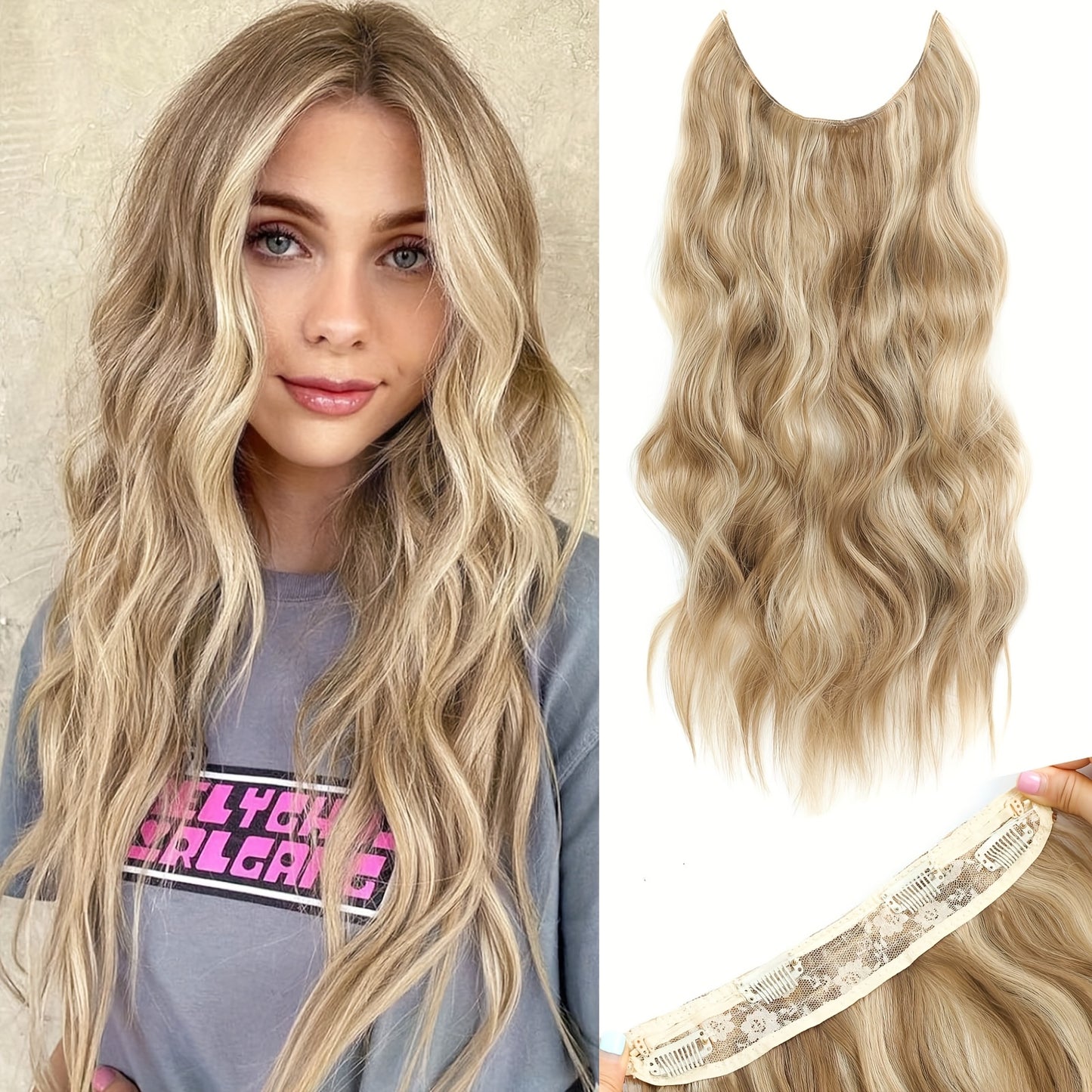 Invisible Wire Hair Extensions 22 Inch — Fish Line Transparent Headband 4 Clips, Long Wavy Hairpiece for Women Thin Fine Hair, 7 Colors 1B 613 Ombre, No Glue No Heat Damage Free