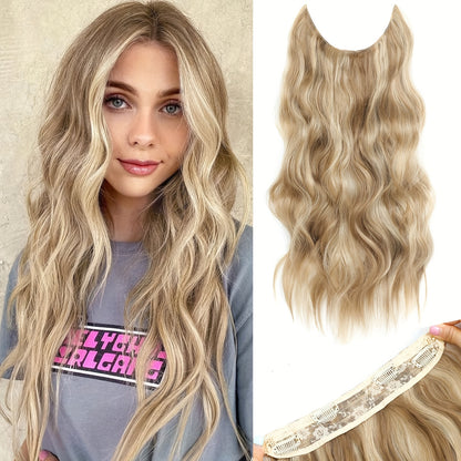 Invisible Wire Hair Extensions 22 Inch — Fish Line Transparent Headband 4 Clips, Long Wavy Hairpiece for Women Thin Fine Hair, 7 Colors 1B 613 Ombre, No Glue No Heat Damage Free