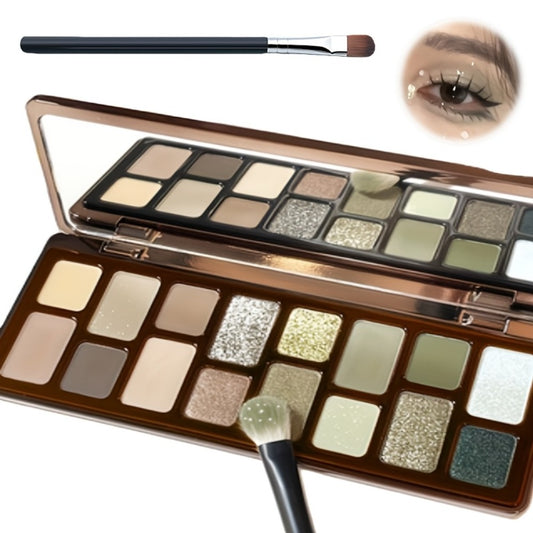 [16-Color Eyeshadow Palette] Smoky Retro Eyeshadow Set Pearlescent 16-Color Eyeshadow Palette - Matte, Soft And Glitter End, Gray, Green, Earthy Tones of Smoky Retro Look, Highlights And Blush Multi-Purpose Makeup Palette, Compact Design, Beauty Anytime,