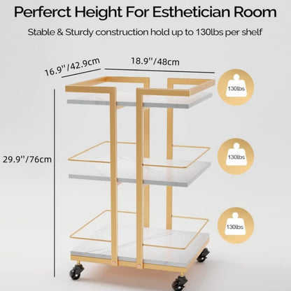 Salon Rolling Trolley Cart 3-Shelf with Lockable Wheels 130lbs per Shelf - Metal Frame Utility Cart for Esthetician, Spa, Tattoo, Massage & Manicure, Golden White Rose Gold Black