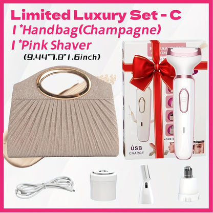 Electric Razor for Women 4-in-1 Rechargeable Grooming Kit - Lady Shaver Bikini Trimmer for Face Nose Legs Underarm Wet Dry Painless Hair Removal Portable Gift Set