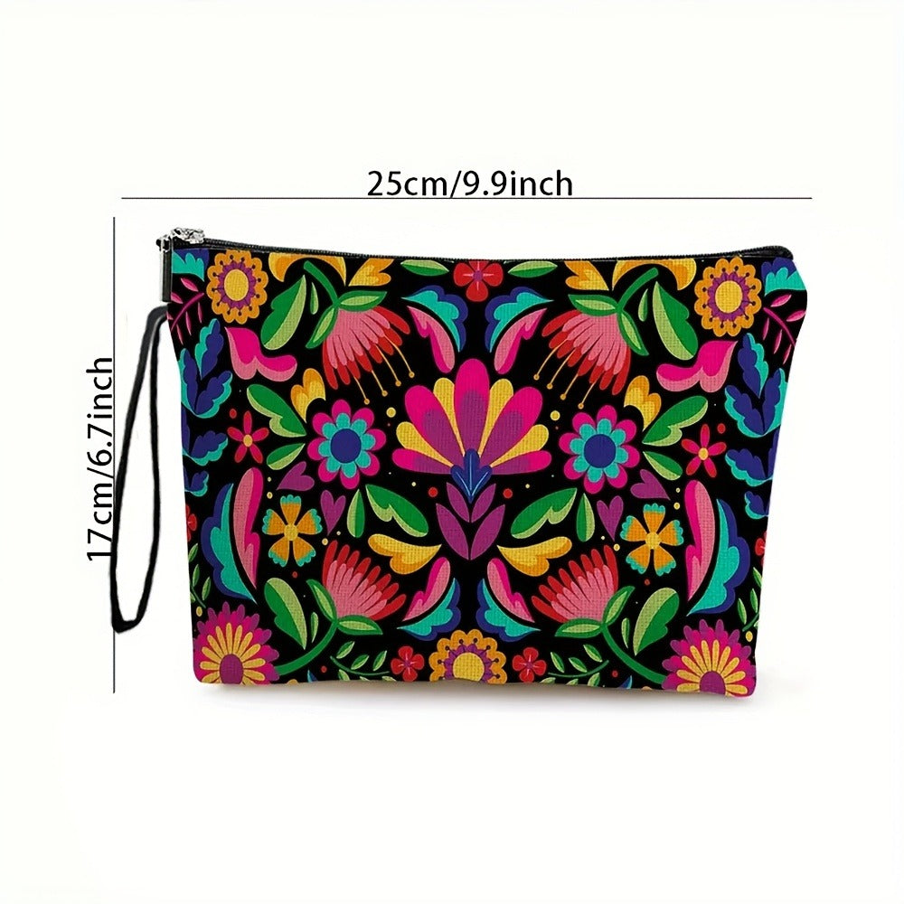 4pcs Vibrant Mexican Botanical Floral Makeup Bags for Women & Men - Large Capacity High Quality Cosmetic Organizers with Durable Zipper, Travel Toiletry Pouches for Vacation, Business, Outdoor - Perfect Birthday & Mother’s Day Gifts