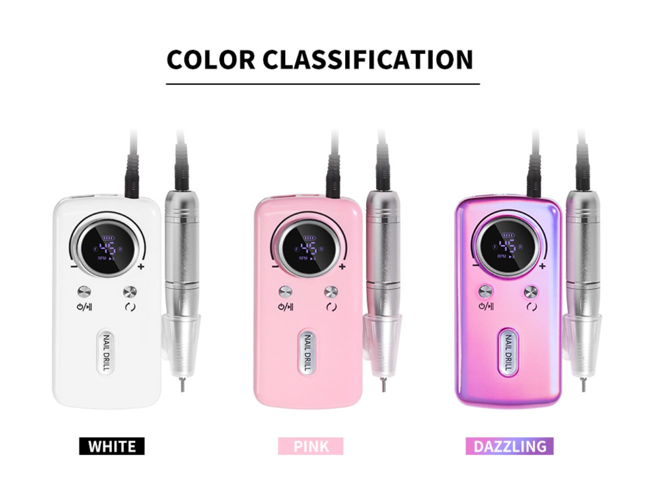 Cordless Nail Drill 45000 RPM Rechargeable Electric Nail File Kit Portable Low Noise for Acrylic Gel Nails Manicure Pedicure Salon Home Use White Pink Purple
